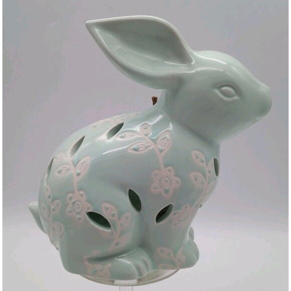Spring Easter Bunny Ceramic Figurine Rabbit Floral Embossed Cut Outs Mint Green - Picture 1 of 9